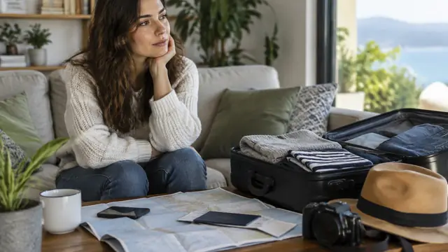A thoughtful traveler sits beside an open suitcase, with travel papers face down on a coffee table.