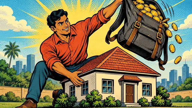 Retro comic illustration of a South Asian homeowner lifting a coin-filled backpack off a small house while keeping the house firmly in place, with bold halftone shading and an energetic composition, without speech bubbles, text, words or logos.