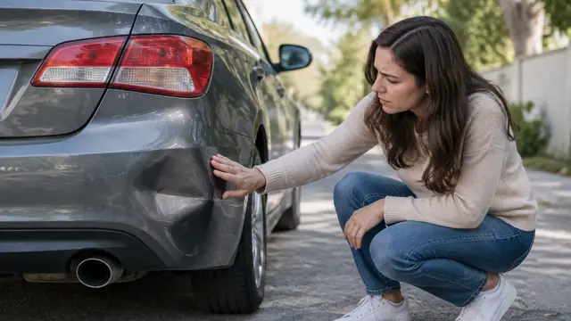 Owner examining a small dent in the rear bumper of an unbranded parked sedan in daylight.