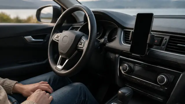 Interior of a parked car with a securely mounted phone, its screen dark, and an adult driver's hands resting in their lap; no visible text or logos.