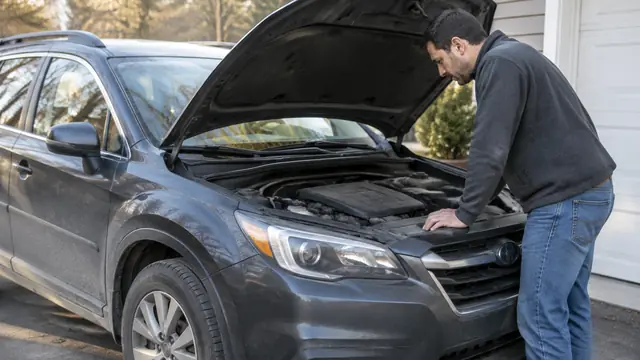 Owner checks the engine bay of a dusty, unbranded family car parked in a driveway with the engine off.