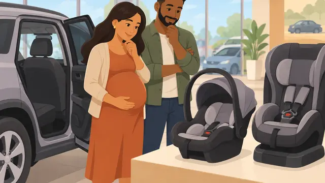 A diverse pair of expectant parents beside an open rear car door examine an empty infant carrier and an empty convertible car seat on a nearby showroom platform, illustrated with simple geometric shapes and warm colors, without text or logos.