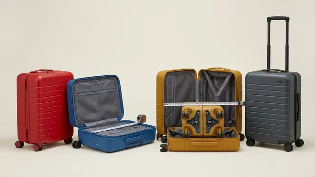 Studio photograph comparing open and closed carry-on suitcases, wheels, handles and dimensions.