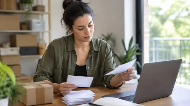 A person organizes plain order slips and a small delivered package beside a laptop with its screen facing away; no text, logos or brand names are visible.