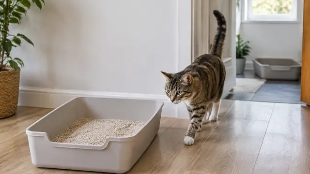 A cat approaches a spacious uncovered litter box in a quiet, accessible room, with a second litter box visible in a separate area.