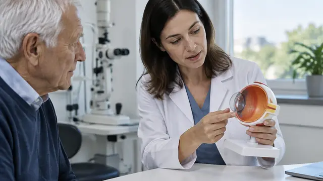 An ophthalmologist explains a large eye model to an older adult in a bright consultation room.