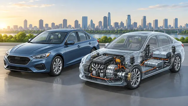 Two matching used sedans side by side, one shown as a precise vector cutaway revealing drivetrain and electronics beneath a translucent protective shell, the other normal; no badges, text or logos.