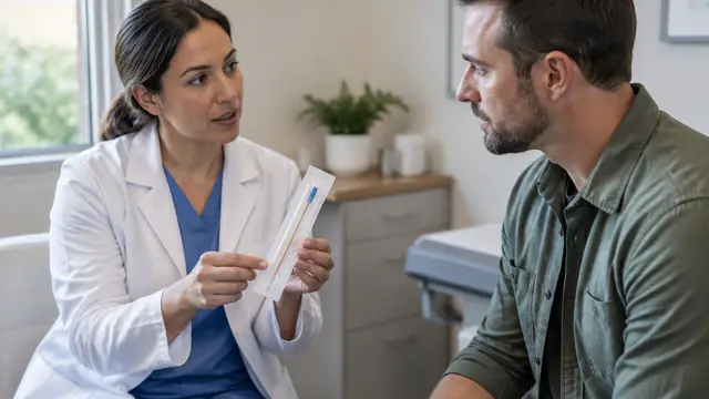 A clinician shows an adult patient a sealed, unbranded swab kit in a private consultation room, with no visible text, logos or readable screens.