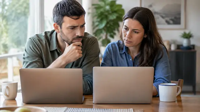 Two people comparison shopping at a dining table with laptops, their screens facing away from the camera, with no visible text, logos or brand names.