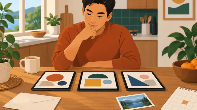 An Asian American man sits at a kitchen table comparing three unbranded tablets displaying different arrangements of abstract shapes. An envelope, photograph and calendar grid sit nearby in a clean geometric composition with warm colors and no text, letters, numbers or logos.