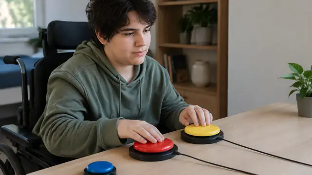 A gamer uses an adaptive controller with large buttons on an uncluttered desk, with the monitor outside the frame.