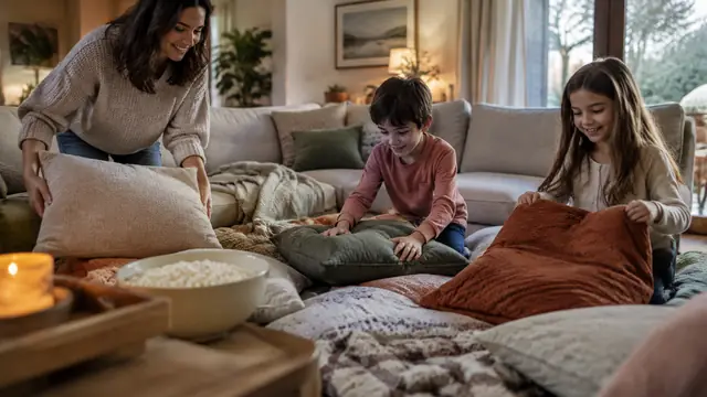 A parent and two children arrange cushions for a home movie night, with the television outside the frame.