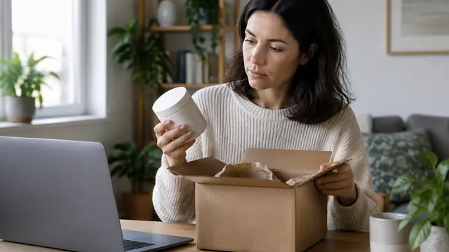Shopper examining an unbranded product and plain shipping packaging at a home desk, with the computer screen turned away and no visible text or logos.