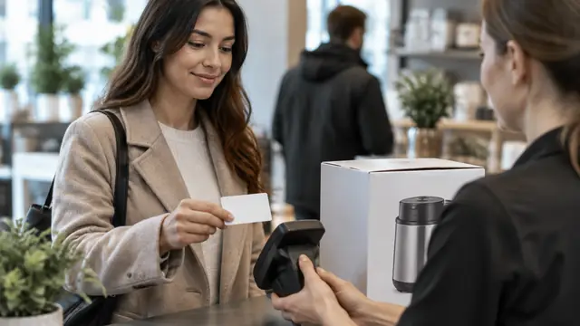 Shopper holding a blank payment card beside an unbranded boxed appliance, with a payment terminal facing away and no visible text, logos or readable screens.