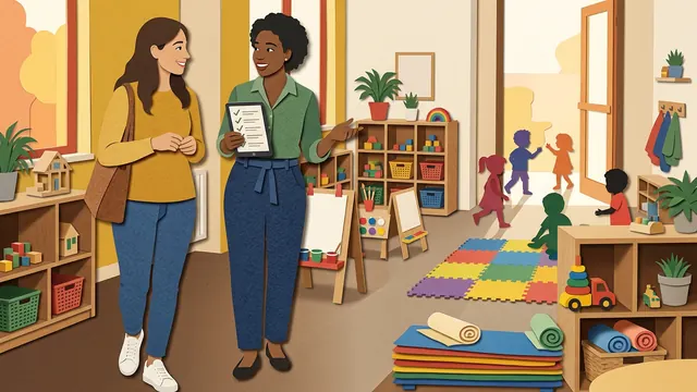 Cut-paper illustration of a childcare center tour with classrooms, play areas, cubbies and art supplies.
