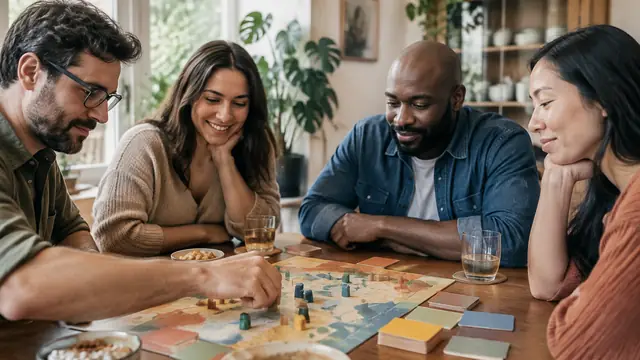 Adults gathered around a board game with abstract wooden pieces and blank colored cards in natural dining room light.