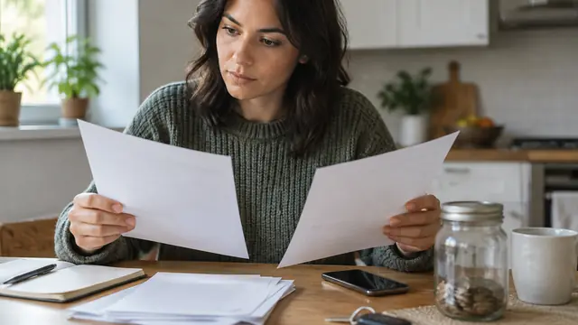 Person comparing blank-backed documents at a kitchen table with car keys and a plain savings jar nearby.