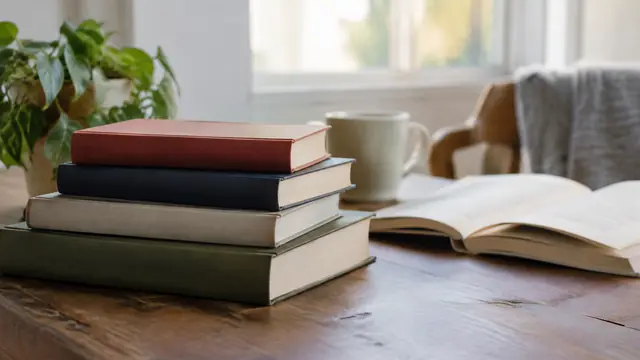 Several differently sized hardcover books with plain jackets, including one open book with its pages angled away and out of focus.