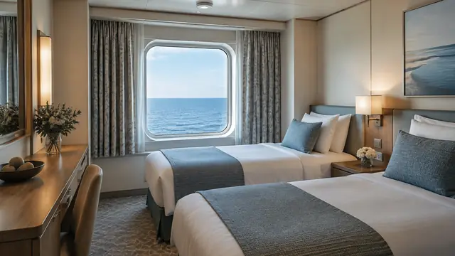 Compact cruise cabin with twin beds and an ocean-facing window, shown in realistic proportions with soft daylight.
