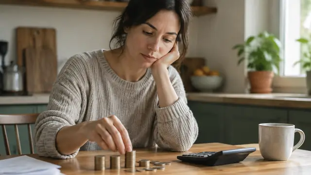 A person thoughtfully arranging small stacks of coins beside a calculator at a kitchen table, with no visible text, logos, brand names, or readable screens.