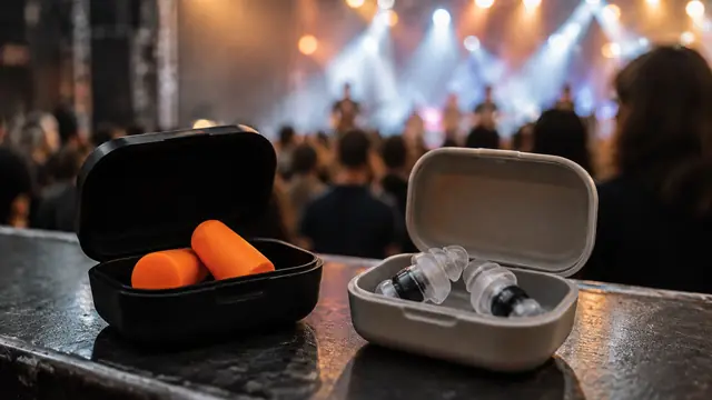 Close-up of foam and reusable filtered earplugs in open, unmarked cases, with blurred concert stage lights in the background.