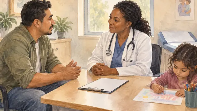Warm editorial watercolor of a Latino father and Black female physician seated at eye level in a modest consultation room, with a child drawing nearby and a blank clipboard on the desk; no text or logos.