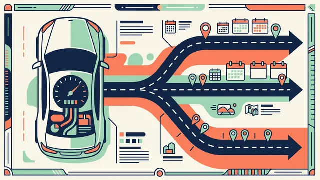 Editorial infographic of a car, calendar symbols, distance markers and branching roads for comparing lease mileage.
