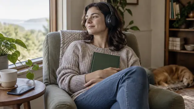A reader relaxes in an armchair wearing headphones, with a closed, plain-covered book and a phone placed face down nearby.