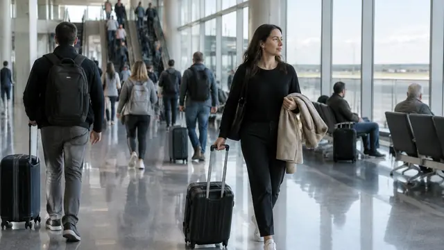Travelers move through a long airport corridor toward a distant escalator, with daylight streaming through large windows in a candid airport scene.
