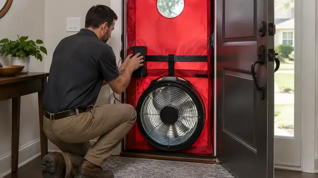 Home energy auditor operating a blower-door fan fitted into a residential doorway, with equipment displays turned away and no visible text, logos or readable screens.