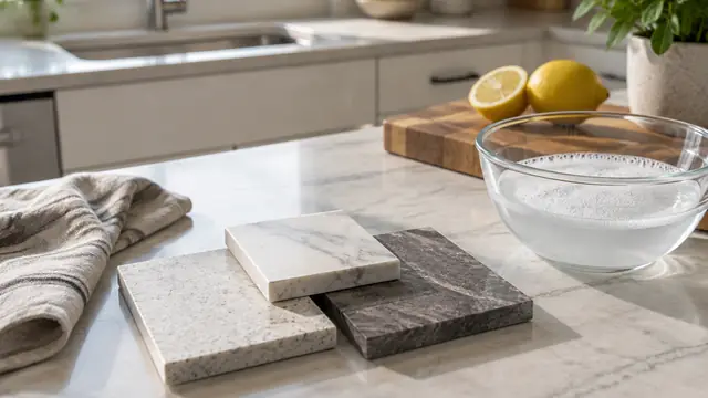 Countertop material samples beside a soft cloth, a bowl of mild soapy water and a wooden cutting board in a bright kitchen.