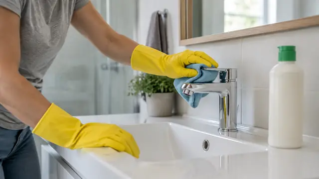 A person wearing cleaning gloves wipes a bathroom faucet with a cloth, with a single plain cleaning bottle nearby.