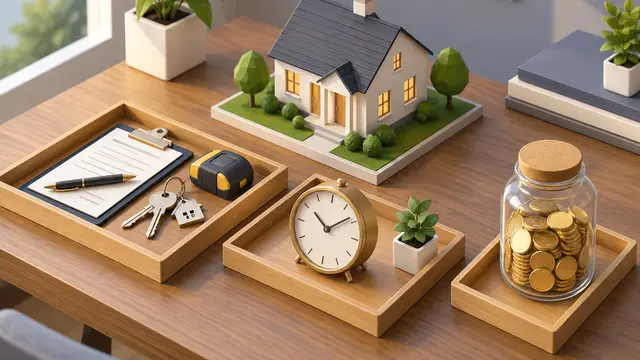 Isometric miniature closing table with a small house and three separate trays holding service tools, a clock, and a transparent reserve jar filled with coins; clean geometric forms without text or logos.