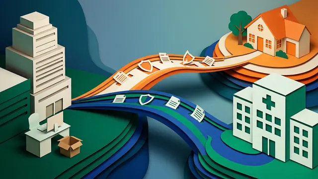 Paper-cut illustration of diverging health coverage paths between an office, hospital and home.