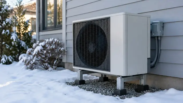 Modern outdoor heat pump elevated beside a house in winter, with light snow surrounding a clear area for service access.