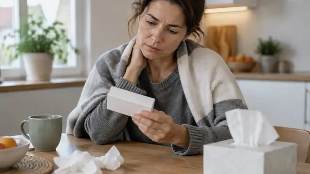 An adult examines unbranded medicine packaging at a kitchen table beside tissues and a mug, with printed surfaces turned away and no visible text or logos.