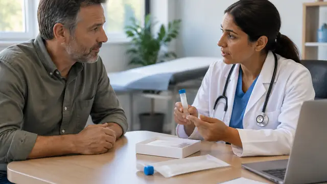 A middle-aged adult discusses screening options with a clinician across a desk, with plain sample collection materials nearby.