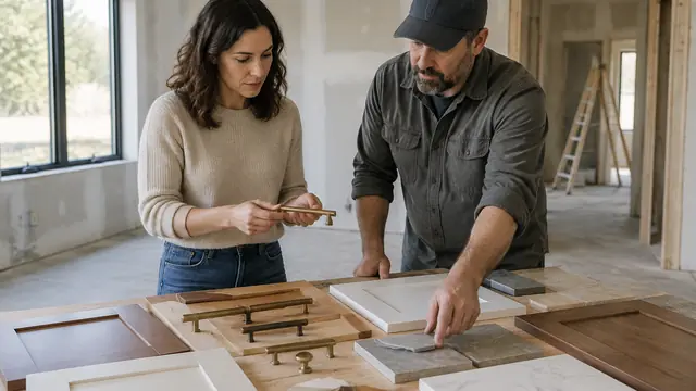 A homeowner and contractor compare cabinet hardware, wood samples and tile at a worktable in an unfinished room.
