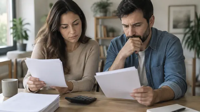 A couple compares stacks of blank paper beside a calculator facing away from the camera in a modest home office, with no visible text, logos or readable screens.
