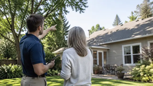 A solar site assessor stands with a homeowner in a backyard, looking at the roof’s orientation and nearby shade trees.