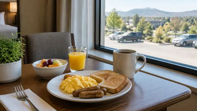 A modest hotel breakfast table beside a window overlooking a parking area, with a coffee cup and simple meal in the foreground.