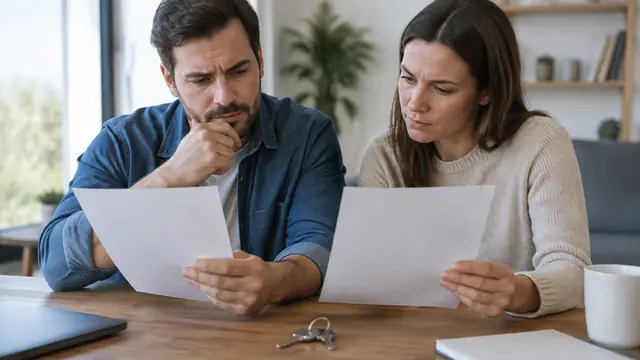 Prospective homebuyers compare two sets of documents with blank reverse sides facing the camera, with house keys on the table and no visible text or logos.