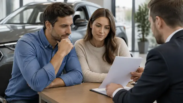 A couple reviews blank-backed paperwork across a dealership desk, with an unbranded car softly blurred behind them in natural daylight.
