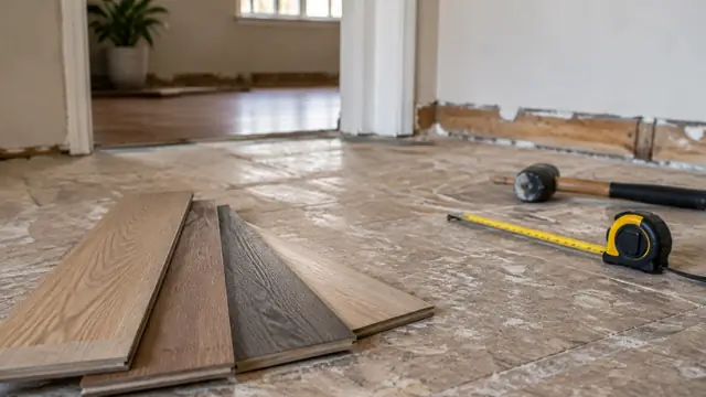 Flooring samples and a tape measure beside exposed subfloor in a partially renovated room.