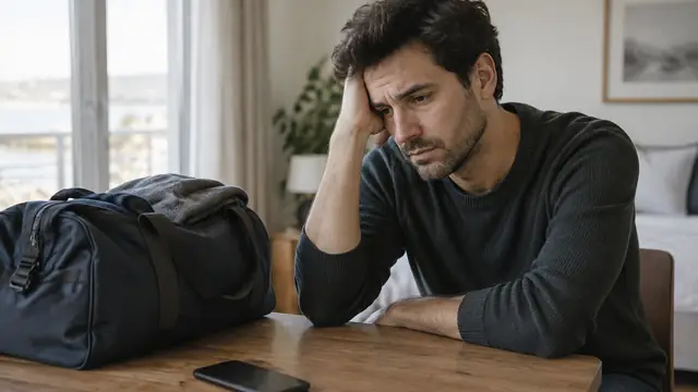 A disappointed traveler beside a packed overnight bag, with a phone lying face down on a table.