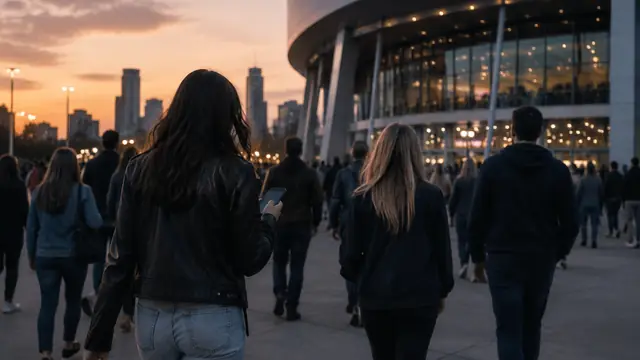 Concertgoers approach an arena entrance at dusk, with one holding a phone whose screen faces away from the camera.
