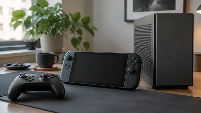 An unbranded game controller, a handheld gaming device with its screen off and a compact desktop computer sit on a desk.
