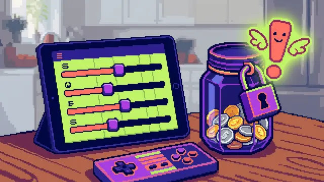 Pixel-art illustration of game spending controls, a locked coin jar and a controller.