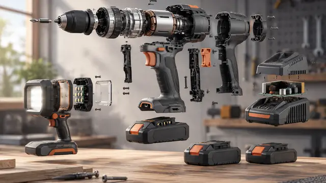 An exploded-view arrangement of a compact cordless drill, driver, work light, charger and compatible battery packs floating above a workbench, with neutral unbranded housings, subtle color accents and realistic components, without text or logos.
