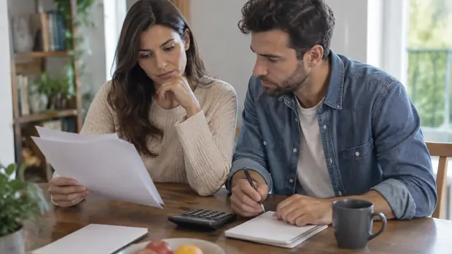 A couple discusses household finances at a dining table with a calculator and blank notepads in a relaxed, candid setting.